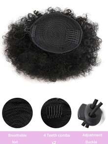 Women/Girls Short Poofy African Hairstyle Drawstring Wig, Human Hair Curly Bun Hair Accessory - Natural Black - View 2