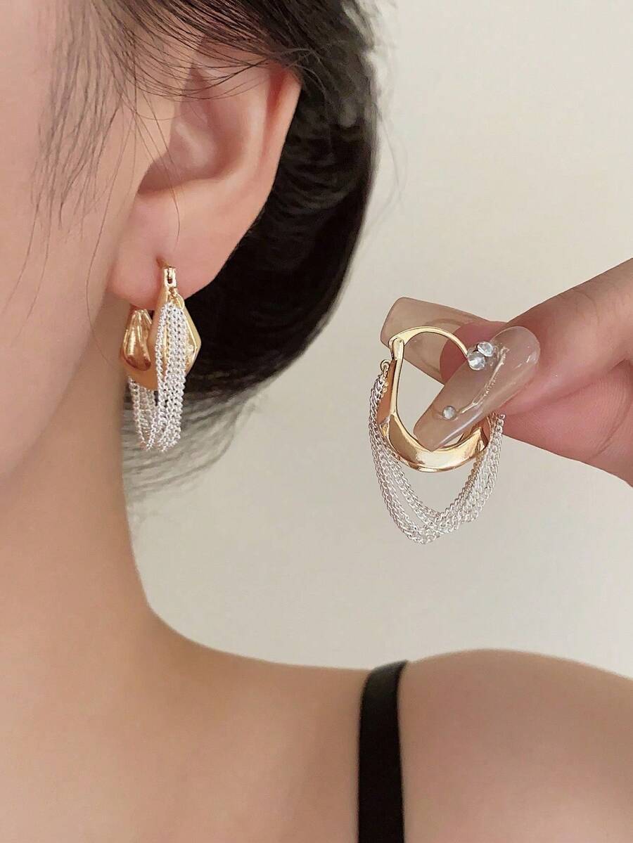 1 Pair Metal Tassel Hoop Earrings, Fashionable Casual Everyday Wear Earrings For Women - Gold - View 1