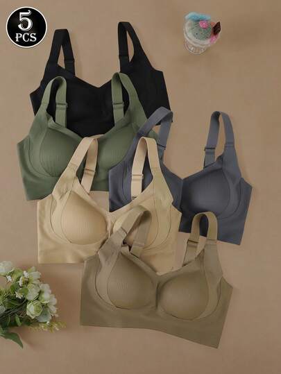 5件/套纯色极简条纹无钢圈文胸，专为女性设计。这款舒适的文胸采用后背钩扣设计，非常适合运动健身。它配有可调节肩带和可拆卸胸垫，提供柔软支撑、无痕外观和提拉效果，防止胸部下垂并减少侧边赘肉。这款舒适的文胸也适合日常居家穿着。