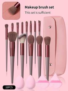 18件套专业化妆刷套装 - 高品质柔软毛粉底刷、腮红刷、眼影刷、遮瑕刷，套装包含：化妆刷 + 柔软化妆海绵粉扑 + 简约双扣收纳袋 - 咖啡棕 - 查看 4