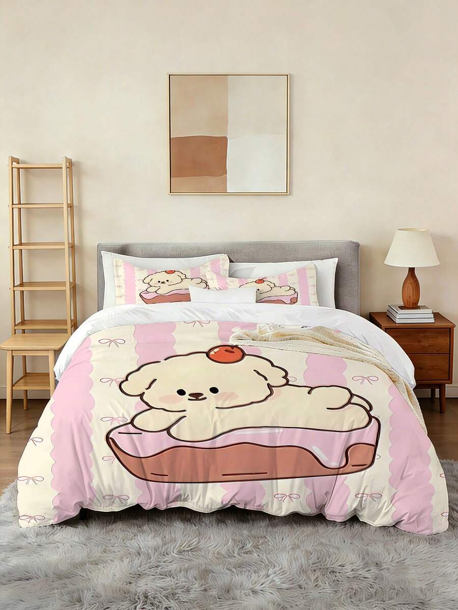 2/3件套可爱蛋糕小狗图案被套套装（1个被套+1/2个枕套，无芯），粉色蝴蝶结波浪图案床上用品套装，柔软舒适的被套，适用于卧室、客房 - 彩色 - 查看 1