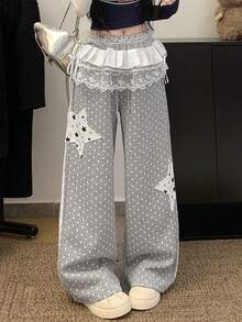 波点星形贴花蕾丝边休闲宽松直筒裤，女士款，轻盈透气，显瘦（随机星形图案）春季款 - 灰色 - 查看 5