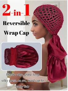 1件装二合一多功能发网，包含睡帽、发网帽、缎边睡帽和钩针发带，旅行必备，适用于多种发型，理想的日常护发产品，舒适易用，美国制造 - 彩色 - 查看 4