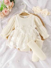 1pc Infant Girl Elegant Lace Patchwork Long Sleeve Bodysuit + Headband + Socks, Autumn/Winter