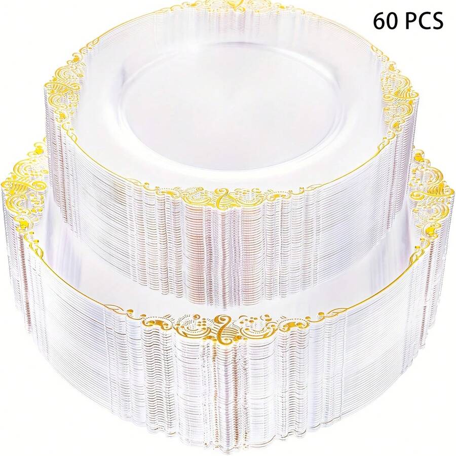 60pcs Disposable Transparent Golden Embossed Plates Suitable For Dinners, Parties, Festivals, 30 Large Plates, 30 Small Plates - 60 Pcs - View 1
