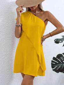 Lightweight Polyester Asymmetric Off-Shoulder Dress - Women's Fitted Style, Casual - Orange - View 2