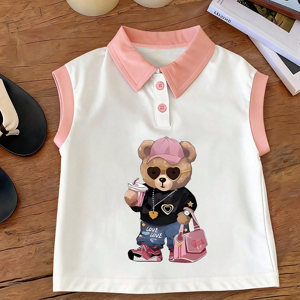 Conjunto de polo sin mangas con estampado de oso lindo, adecuado para que las niñas lo usen en primavera y verano