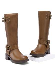 Women's Motorcycle Boots Side Zipper Knee High Boots Square Toe Chunky Low Heel Buckle Decorated Biker Fashion Long Boots Festival Dresses - 棕色 - 查看 10