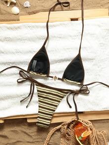 2pcs Women's Striped Sexy Backless Tie-Up Bikini Swimwear, Beach Vacation Summer - Maroon - View 6