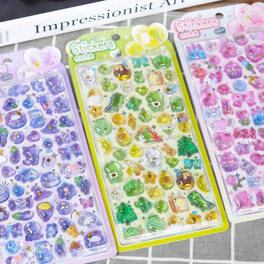 3/4pcs Random Cartoon 3D Embossed Jelly Stickers, DIY Scrapbooking Decorative Stickers, Cute Stickers - Multicolor - View 1