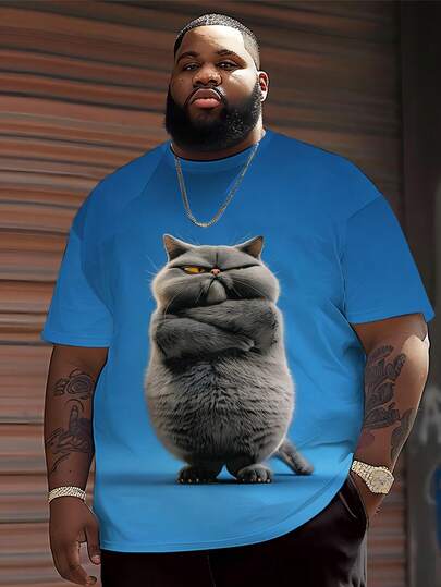 Camiseta deportiva casual de cuello redondo para hombres de talla grande, de tela de punto de poliéster cómoda y transpirable, serie casual versátil diaria con gráfico "Gato Gordo"