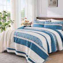 Quilt Set Queen Size Blue Striped Boho Bedspread Coverlet Set 3 Pieces Striped Patchwork Bedding Set Soft Microfiber Lightweight Bed Cover For All Season Blue 96''x90'' - Blue+Queen - View 4