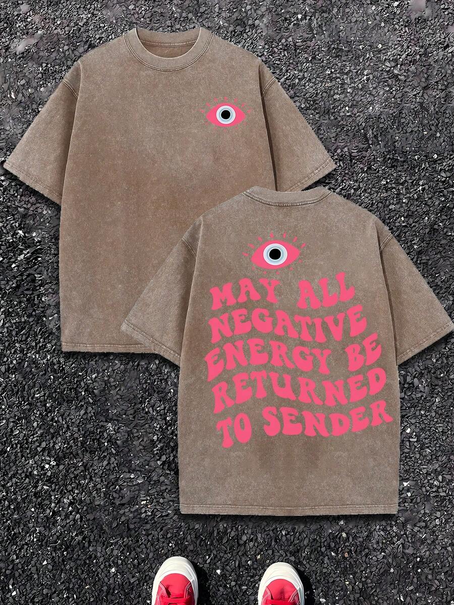 Gray T-Shirt With Bold Pink Eye Graphic And Positive Energy Quote Casual Short Sleeve Tee For Stylish Everyday Wear - Cà phê nâu - Xem 1