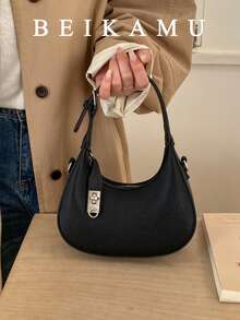 时尚纯色PU新月形手提包，女士款，小巧百搭，配有可调节肩带，适合大学、通勤、购物、休闲等场合。 - 黑色 - 查看 3