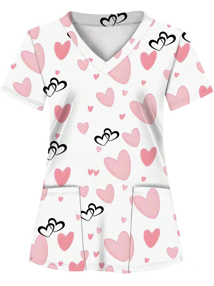 White Base Allover Print Women's Uniform Top, 2 Pockets, Nursing Scrub Shirt, Dental Clinic Workwear, Healthcare Uniform Top, Short Sleeve Nurse Shirt, Knit Fabric, 4 Seasons Spring - Multicolor - View 1