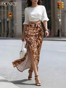 DONICY Women's Leopard Print Pleated Slit Maxi Dress, Fashion Versatile For Spring, Summer, Autumn, Suitable For Dates, Carnivals, Parties, Casual Outings - Coffee Brown - View 7