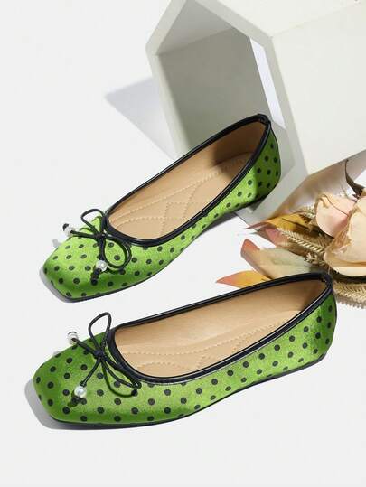 Plus Size Women's Green Polka Dot Square Toe Ballet Shoes, Comfortable Slip-On Casual Shoes Suitable With Dresses, Spring/Autumn 2025 New Arrival