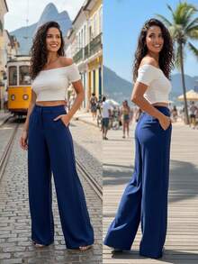 Simples    Bolso  Cintura contrastada  Zíper    Casa - Azul Marinho - Visão 2