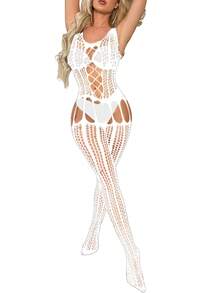 Alluring Mesh Bodysuit For Women Fishnet Bodystocking Sleeveless Hollow Out Nightwear For Party Gifts - 白色 - 查看 1