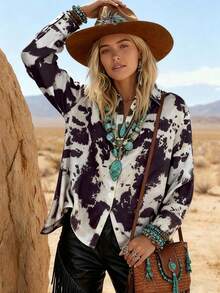 ALL Sseason 女装时尚西部牛仔印花奶牛纹豹纹翻领复古简约衬衫上衣 春季度假 - 彩色 - 查看 10