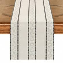 Caminho de mesa em estilo boho com estampa de linho (1 peça), ideal para o Ramadã, perfeito para sala de estar e jantar, lavável e perfeito para cozinha, mesa de jantar, festas e casamentos. Com estilo vintage, é perfeito para hall de entrada, reuniões familiares, mesa de centro e sala de estar. - Branco - Ver 11