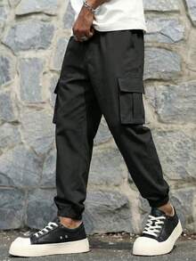 1 pieza Pantalones cargo rectos sueltos y casuales con múltiples bolsillos personalizados para niños y adolescentes, adecuados para primavera, verano y otoño - Negro - Ver 3