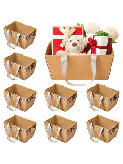 [Cestas de papel kraft a granel] Cestas de regalo de papel kraft con asas, tamaño: 24,9 x 16,5 x 10,9 cm - Embalaje de regalo, boda, fiesta, Navidad, decoración del Día de San Valentín, Galentine's Day, regalos del Día de San Valentín, recuerdos de boda, fiesta de solteros