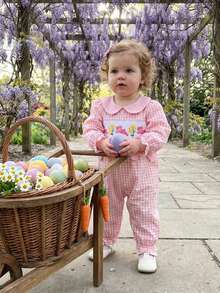 Pelele de Pascua para niña pequeña, cuello de muñeca, manga larga abullonada, con estampado de conejito, bordado floral, mono a cuadros - Rosa - Ver 5