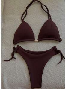 Ribbed Triangle Bikini Bottom, Double String Bikini Bottom, Semi-Thong - Óxido marrón - Ver 2