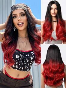 26英寸黑红长卷发假发，带刘海，采用高温哑光纤维材质，配有玫瑰网帽，外观自然，佩戴舒适透气，轻盈透气，适合音乐节和日常佩戴。 - 漸層紅色 - 查看 2