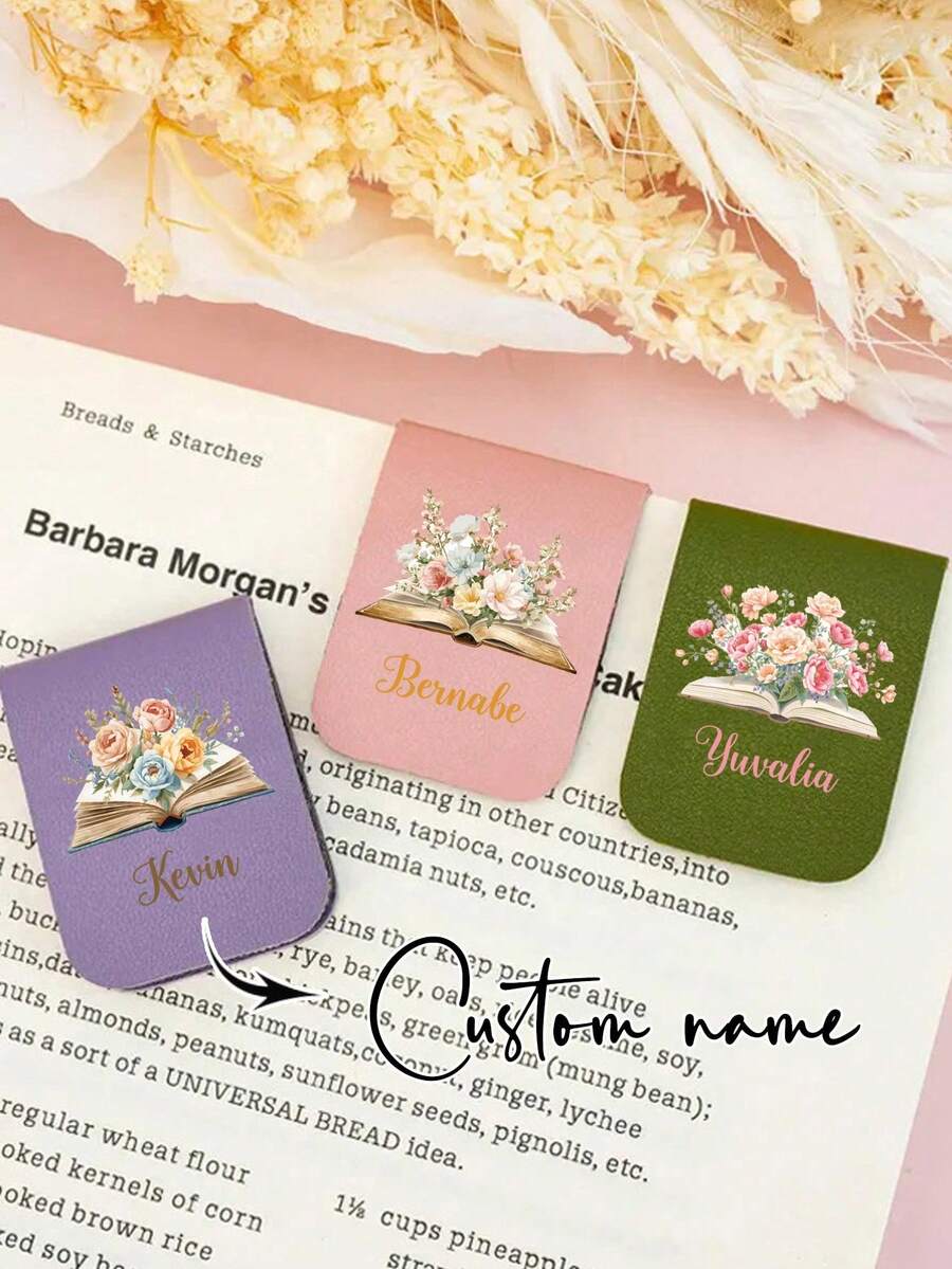 1pc Personalized Custom Magnetic Leather Bookmark, Custom Children's Bookmark, Book And Flower Patterns, Library Bookmark, Personalized Gift, Ladies Bookmark, Custom Bookmark, Teacher Gift Magnetic Name Bookmark, Birthday Flower Bookmark (Can Engrave Name), Gift For Her, Gift For Book Lovers, Bridal Gift, Valentine's Day Gift, Back-To-School Season Gift