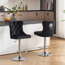 Velvet Bar Stools Set Of 2, Height Adjustable Breakfast Bar Stool, Counter Modern High Chair With Lion Knocker, Suitable For Bars Kitchens And Breakfast Counters, Black - Black - View 7