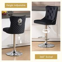 Velvet Bar Stools Set Of 2, Height Adjustable Breakfast Bar Stool, Counter Modern High Chair With Lion Knocker, Suitable For Bars Kitchens And Breakfast Counters, Black - Black - View 6