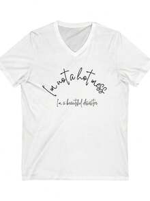 Uni Jersey Short Sve V-Neck Tee- A Beautiful Disaster - 白色 - 查看 1