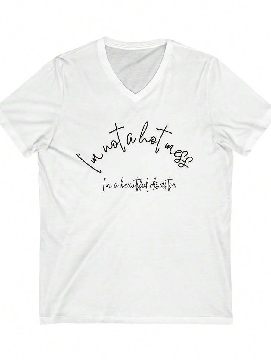Uni Jersey Short Sve V-Neck Tee- A Beautiful Disaster - 白色 - 查看 1