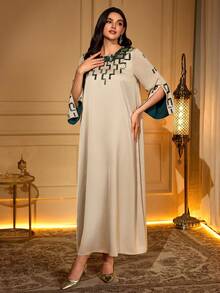 Solessence Women's Round Neck Contrast Color Open Back Long Sleeve Embroidered Beaded Elegant Dress Spring - Apricot - View 5