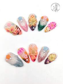 10 Pieces Of Pure Hand-Pressed Wearable Nail, 25mm Long Almond-Shaped Nail, Beige Nail, Orange, Green, Purple, Coffee And Other Colors, Three-Dimensional Raised Flowers, 3D Small Flower Embellishment, Raised Line Decoration. Cute Nail Film, Spring Nail Film. It Is Suitable For Daily Leisure Vacation, Banquets, Parties, Shows And Other Activities. Nail Supplies Nails Handmade Press On Nails - Multicolor - View 1