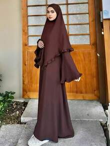 Bộ Abaya hai mảnh, Abaya vải crepe và khăn choàng, Abaya tay loe và khăn trùm đầu, váy dài nữ mùa xuân - màu nâu - Xem 10
