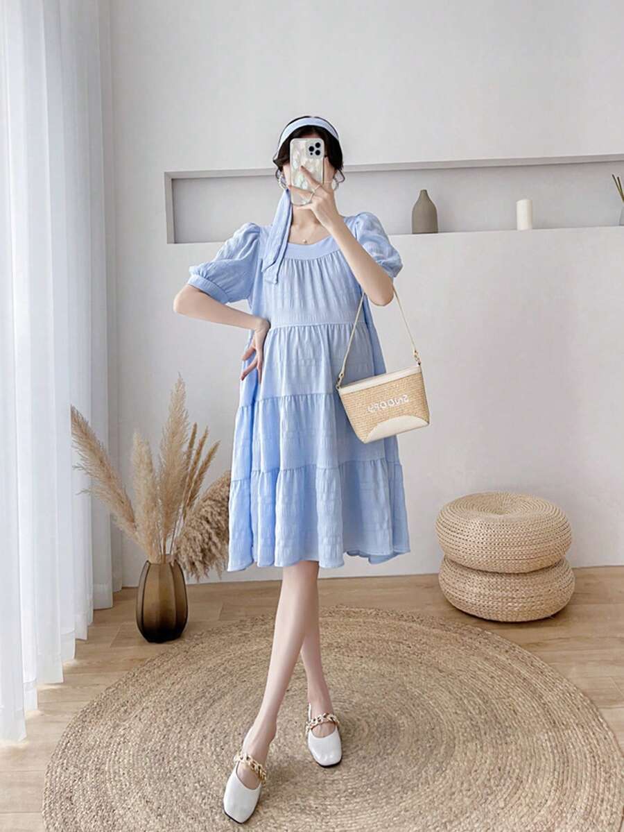 夏季孕妇休闲短袖方领宽松褶皱遮肚连衣裙 - 淺藍色 - 查看 1