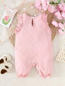 女婴甜美樱花印花圆领荷叶边连体衣，舒适可爱的夏季服装 - 粉色 - 查看 2