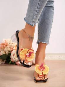 Giày sandal cao gót đế dày bằng nhựa PVC tuyệt đẹp, giày cao gót hở mũi đế dày họa tiết hoa mùa hè mới, sandal cao gót một quai. - màu đen - Xem 2