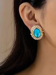 1对时尚椭圆形亚克力珍珠耳钉，经典欧式风格 - 彩色 - 查看 2