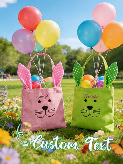 Custom Mini Tote Bag, Rabbit Style, Custom Text, Easter Storage Bag, Easter Gift Bags, Tote Bag, Unisex, Multi-Functional, Easter-Related Elements, Packing Candy, Cookies, Small Gift, Suitable For Everyday Wear, Shopping, Parties, Easter,Etc.Custom Gift, Valentine's Day Gift, Easter Gift, Birthday Gift, Anniversary Gift
