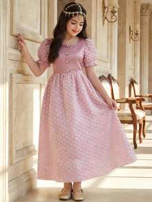 优雅时尚的新款春夏提花短袖方领公主风连衣裙，饰以珍珠纽扣和泡泡袖，复古度假风，适合斋月、节日、派对、校园、旅行度假和日常穿着。 - 粉色 - 查看 4