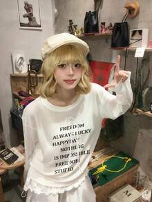 1pc Women's Casual Loose Cotton T-Shirt, Sweet Bow & English Print Pattern, Round Neck Top For Daily Wear, Spring/Autumn - White - View 2