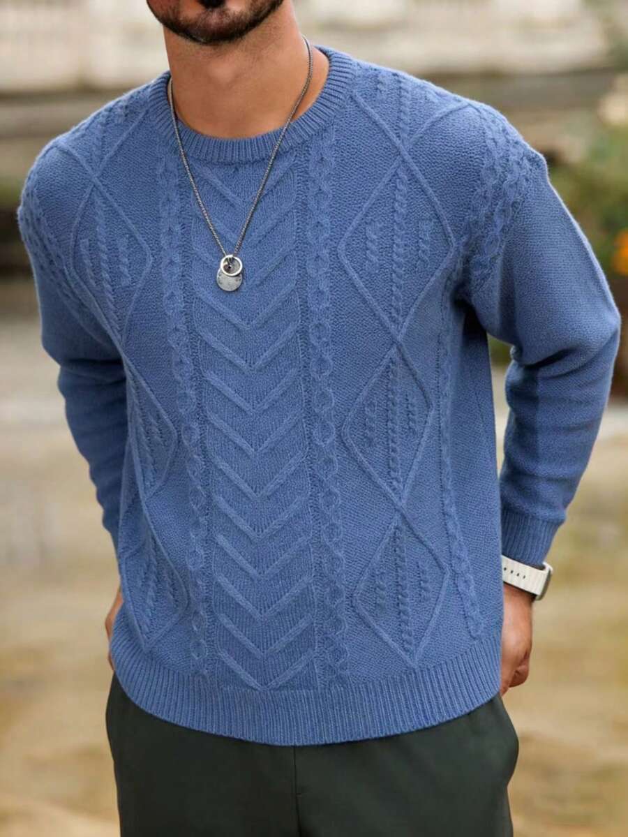 男士纯色简约圆领长袖毛衣，休闲日常穿着，秋冬季 - 藍色 - 查看 1