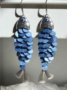 1 Pair Elegant Unique Creative Design Seashell Tassel Blue Fish Shaped Women's Earrings, Suitable For Daily, Commute, Holiday Party, Outfit Matching, Women Jewelry - Multicolor - View 7