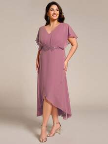 Plus Size Elegant Embroidered Applique Cocktail Dress, Formal Party Dress, Mother Of The Bride Dress Wedding - Dusty Pink - View 4