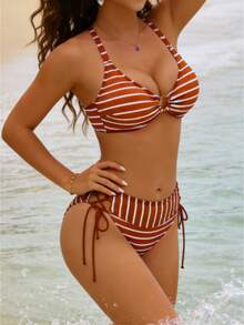 Women's 2 Piece Swimsuits Striped Print High Cut Bikini Set Summer Bathing Suits - Burgundy - View 1