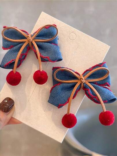 2个可爱优雅的牛仔蓝蝴蝶结装饰发夹，适合日常佩戴